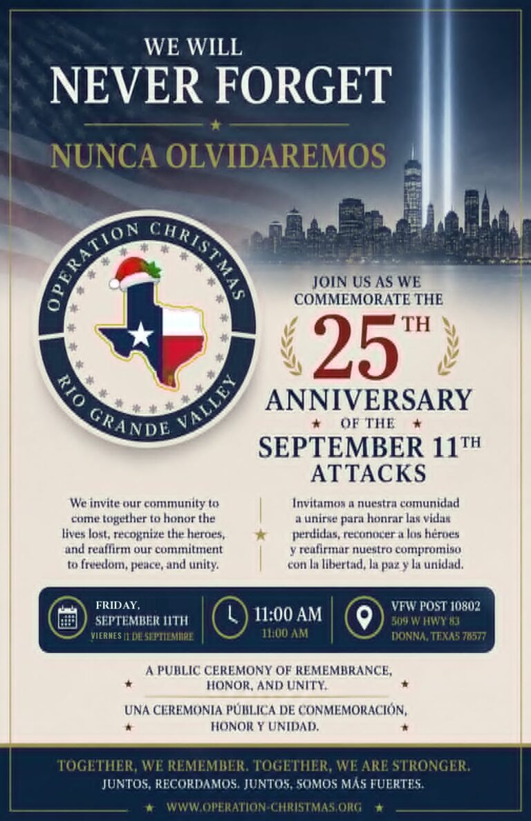 We Will Never Forget / Nunca Olvidaremos poster, 25th anniversary September 11th commemoration ceremony, Friday September 11 2026, 11am, VFW Post 10802, Donna, Texas